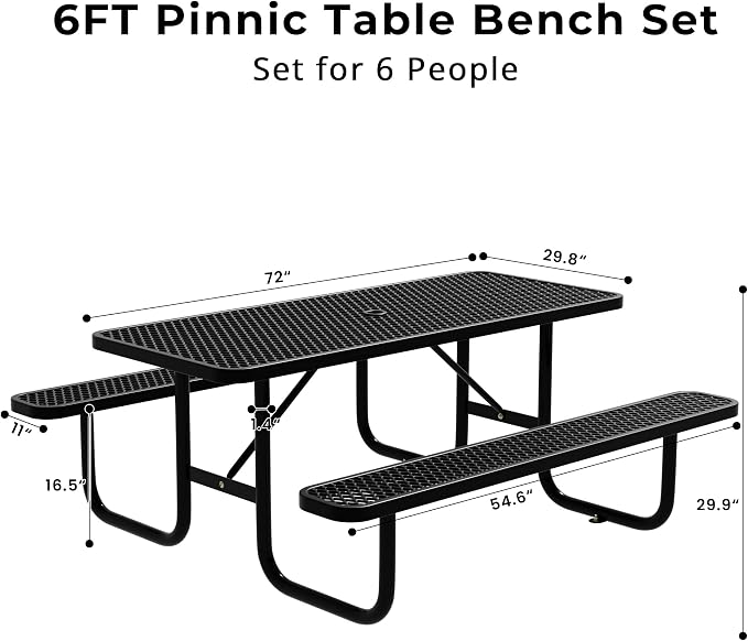 6FT Rectangular Steel Outdoor Picnic Table, Commercial Picnic Table Bench Set with Umbrella Hole, Weather-Resistant Heavy Duty School Dining Table for Stores, Park, Patio, Garden, Backyard, Black
