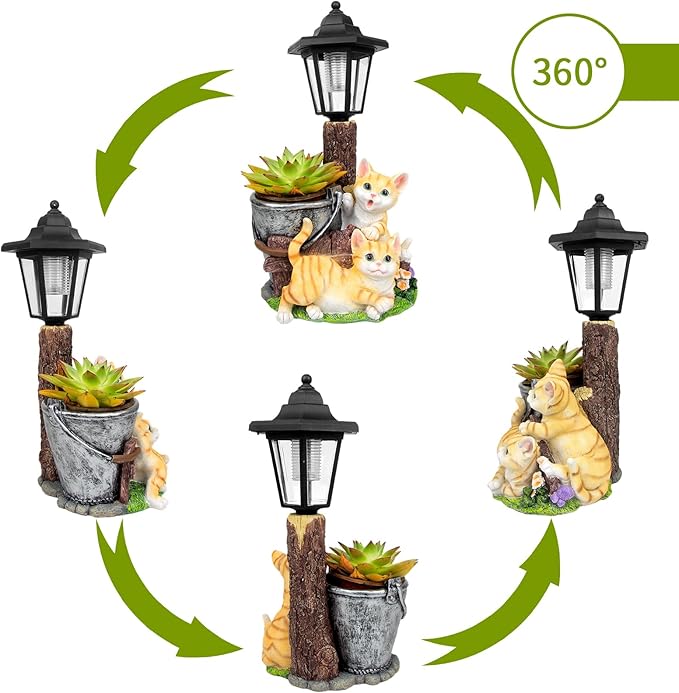 Solar Cat Outdoor Statues, Garden Sculptures with Flowerpot & Lantern | Cute Cat Figurines for Yard Art Lawn Ornaments Porch Patio Balcony - Idea Gifts for Women Mom Grandma