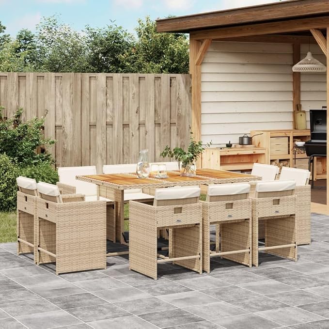 11 Piece Patio Dining Set with Cushions Beige Poly Rattan Outdoor Rattan Dining Table and 10 Folding Chairs for Garden Backyard Relaxation UV Proof Space Saving