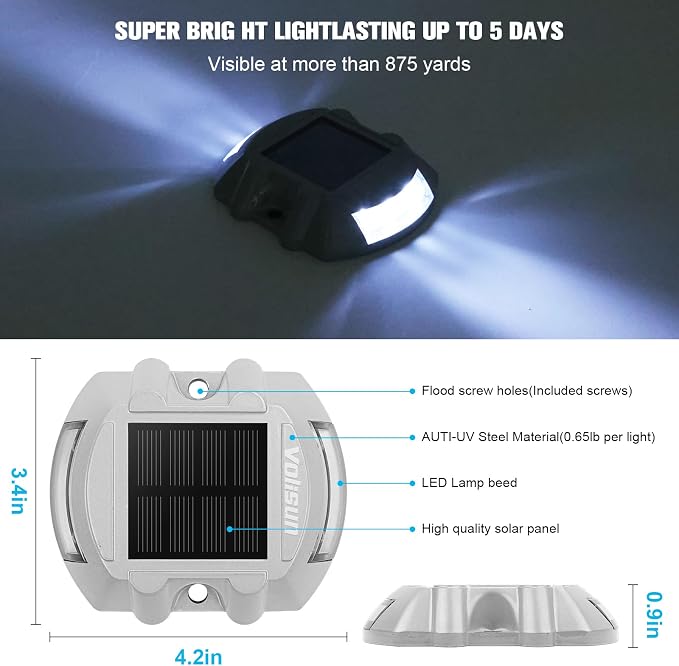 VOLISUN Solar Deck Driveway Dock Lights,Solar Pathway Lights,White 8 Pack | Solar Powered LED, IP68 Waterproof Led Outdoor Warning Step Marine Lights for Sidewalk Garden Yard