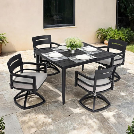 5-Piece Outdoor Patio Aluminum Furniture, Modern Dining Set, Including 4 Swivel Rockers and 40" Square Dining Table with Umbrella Hole, Ember Black
