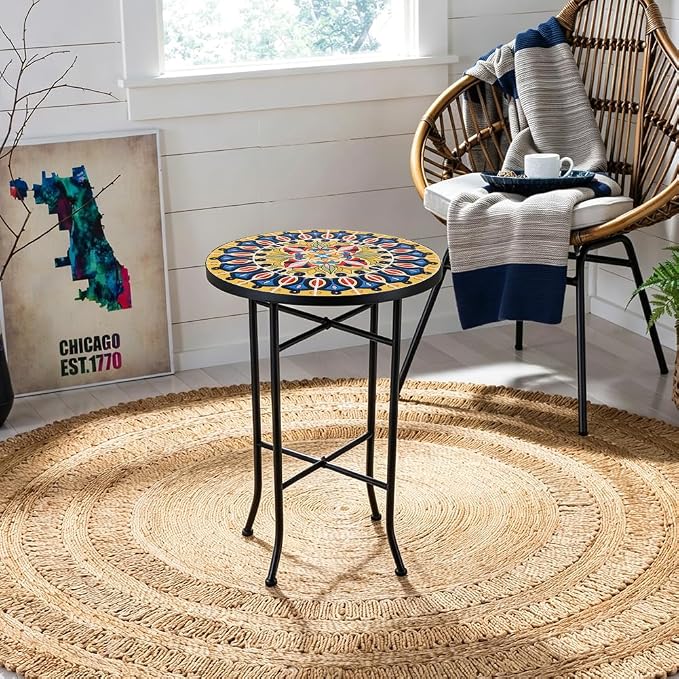 14 Inch Mosaic Patio Side Table with X-Straight Legs, Indoor Outdoor Accent Round End Table with Ceramic Tile Tops for Yard, Garden, Living Room, Bistro, A - Grand Mandala