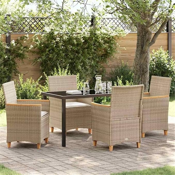 Afuera Living 5 Piece Poly Rattan Patio Dining Set, Brown Finish, Glass Tabletop, Weather-Resistant Steel Frame, UV-Resistant Rattan, Wooden Armrests, Seating for 4, Modern Garden or Terrace Furniture