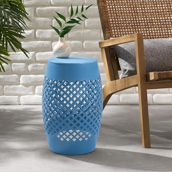 12" Outdoor Side Table, Decorative Cutout Metal Round Side Table, Multi Functional - Coffee Table, Night Stand, Plant Stand for Patio, Garden, Backyard, Gazebo Indoor (Blue)