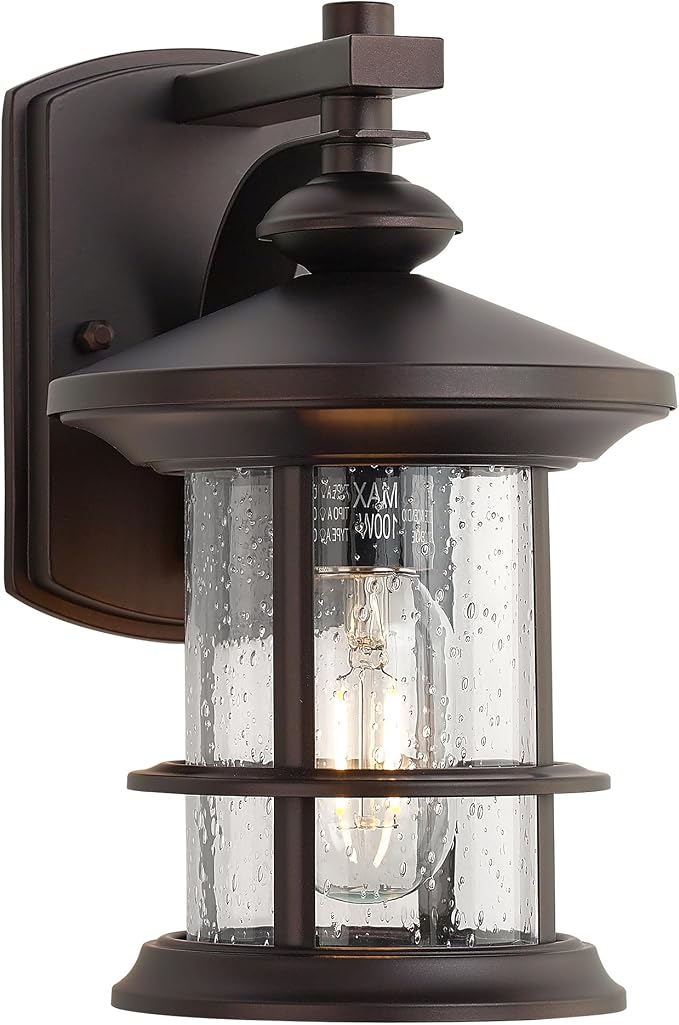 MICSIU 2 Pack Oil Rubbed Bronze Outdoor Wall Light, 10 Inch Rustic Cottage | Max 100W Metal Round Exterior Sconce with Clear Seedy Glass, WaterWroof Porch Light for Entryway, Garage, Bathroom