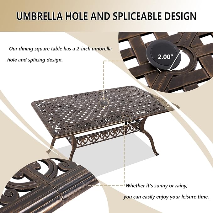 Grepatio Patio Dining Table Outdoor Cast Aluminum Rectangular Table Weather-Resistant People Party Large Table with 2" Umbrella Hole for Lawn Backyard Garden, Black and Bronze 59.06“x35.24"x28.35"