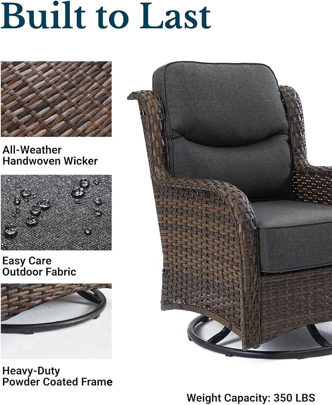 HILLGA Luxury Outdoor Patio Furniture Set with 6-Inch Thick Cushions, High Back Wicker Swivel Rocker Chairs, 5 Pcs All Weather Conversation Set for Large Deck, Yard and Poolside, Gray (V3)