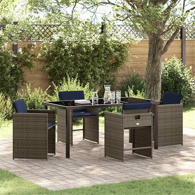 Afuera Living 5 Piece Poly Rattan Garden Dining Set, Gray Finish, Cushioned Seats, Tempered Glass Tabletop, Powder-Coated Steel Frame, UV-Resistant, Stylish Patio or Garden Seating