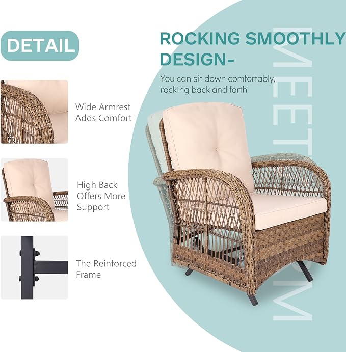 MEETWARM 7 Pieces Outdoor Patio Rattan Furniture Sets, All Weather Patio Wicker Conversation Set- 2 Rocking Glider, 2 Swivel Chairs, 1 Loveseat Glider with Cushions, 2 Glass-Top Coffee Table, Beige