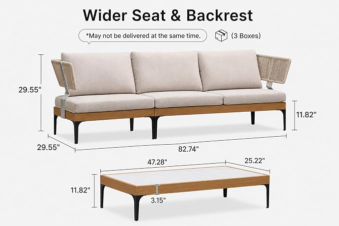 PURPLE LEAF Outdoor 3 Seater Wicker Sofa 82" Patio Couch with Tables Modern Aluminum Sofa Couch for Backyard Porch Apartment Living Room Bedroom, Cushions Included