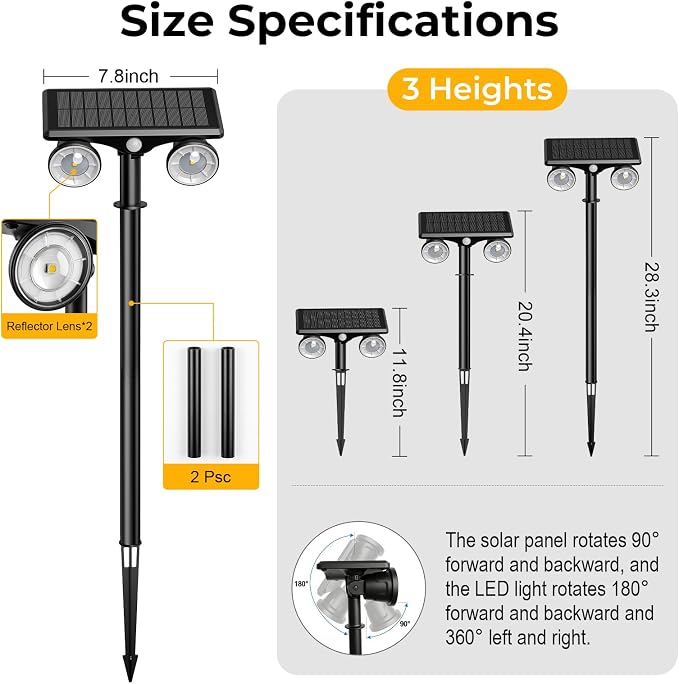 Solar Lights Outdoor Waterproof, Dual Heads Adjustable Solar Spot Lights Outdoor, 2-in-1 Motion Sensor Solar Powered Spotlight Landscape Lighting for Garden, Yard, Pathway- 2 Pack (Cool White)