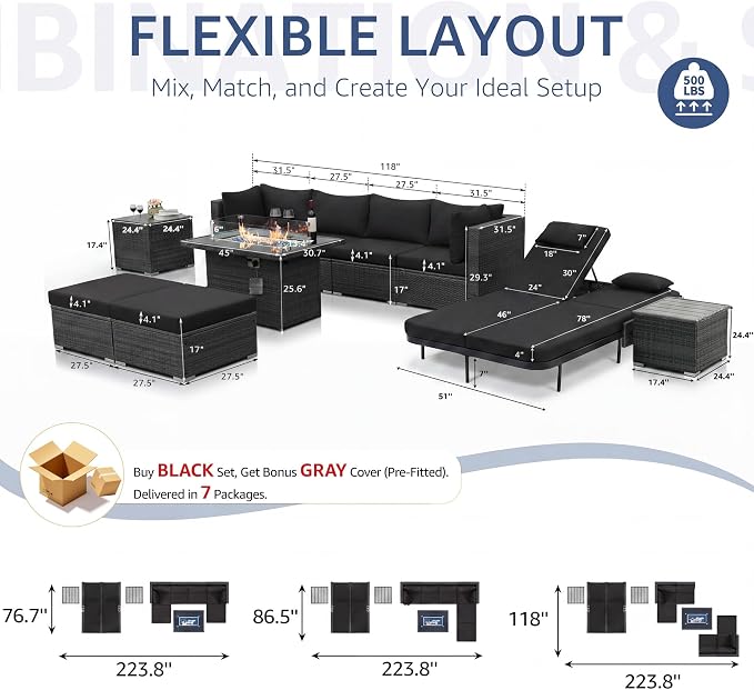 NICESOUL 11 Piece Sectional Outdoor Set with Chaise Lounge, Extra Large Backyard Seating with Firepit, 29.3'' Highback Patio Couch Sofa, Heavy Duty All-Weather Wicker Furniture for Deck, Grey & Black