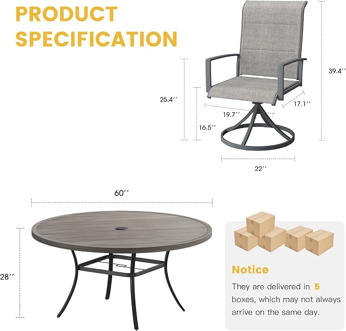 VICLLAX Outdoor Dining Set for 8, Outdoor Furniture Includes 60" Round Patio Table and Swivel Padded Chairs, Grey Wood Grain Tabletop and Grey Fabric