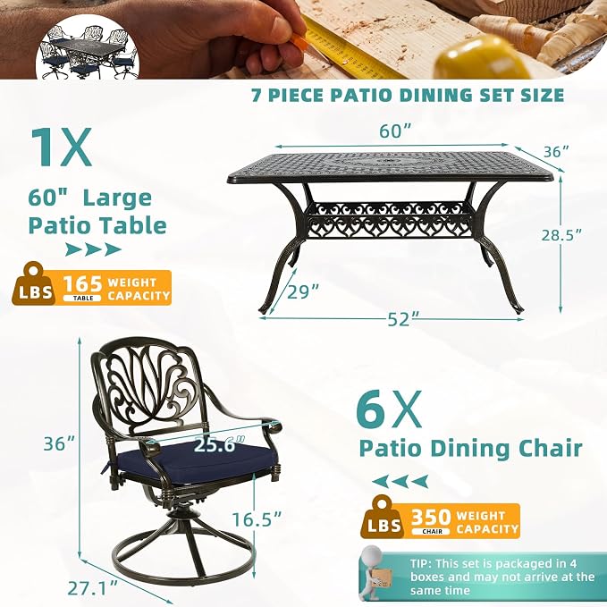 MEETWARM 7-Piece Outdoor Patio Dining Set, All-Weather Cast Aluminum Patio Conversation Set for Backyard Garden Deck with 6 Cushioned Swivel Rocker Chairs, 1 Rectangular Table, Navy Blue