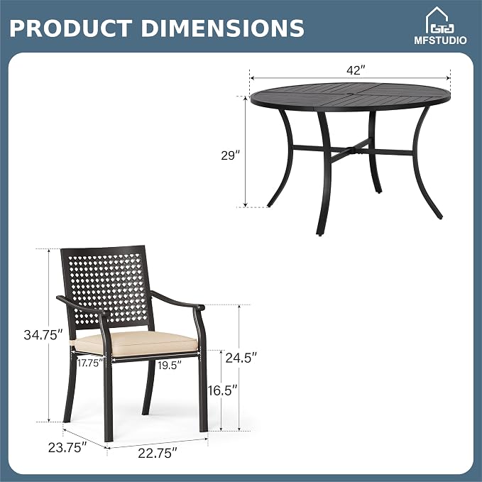 MFSTUDIO Round Patio Table and Chairs，Metal Outdoor Dining Set for 4 with Umbrella Hole, 5 Piece Patio Furniture Set for Deck, Backyard, Poolside & Garden