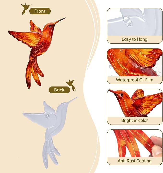 4 Pack Metal Hummingbird Wall Art Decor - 3D Colorful Birds Outdoor Wall Art,Hanging Decoration for Patio, Garden, Balcony and Fence (G)