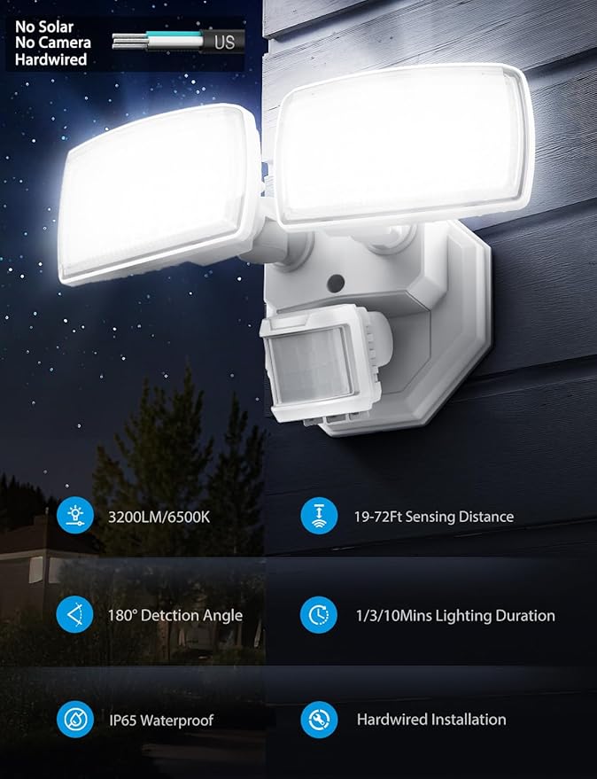 Onforu 32W 2 Head Motion Sensor Outdoor Lights, 3200LM 6500K LED Security Light Hardwired, Dusk to Dawn, Motion Detector Light for Outside, IP65 Waterproof Flood Lights for Garage, Yard(White)