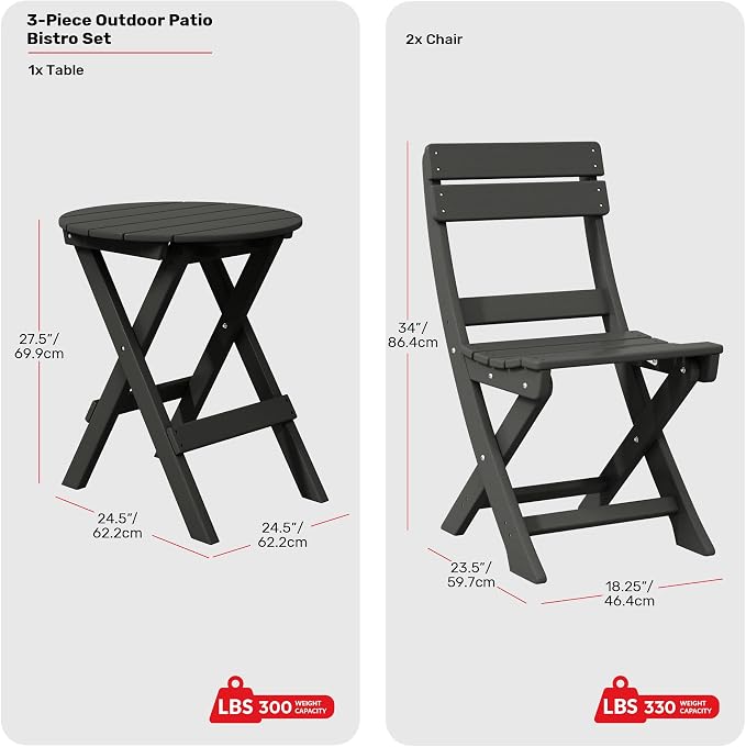 Costaelm Outdoor Bistro Table and Chairs Set of 2, Round Portable Folding Bar Height Barstool Set of 3, Tall Balcony Pub High Top Table 3 piece Patio Set for Deck, Backyard, Garden, Gray