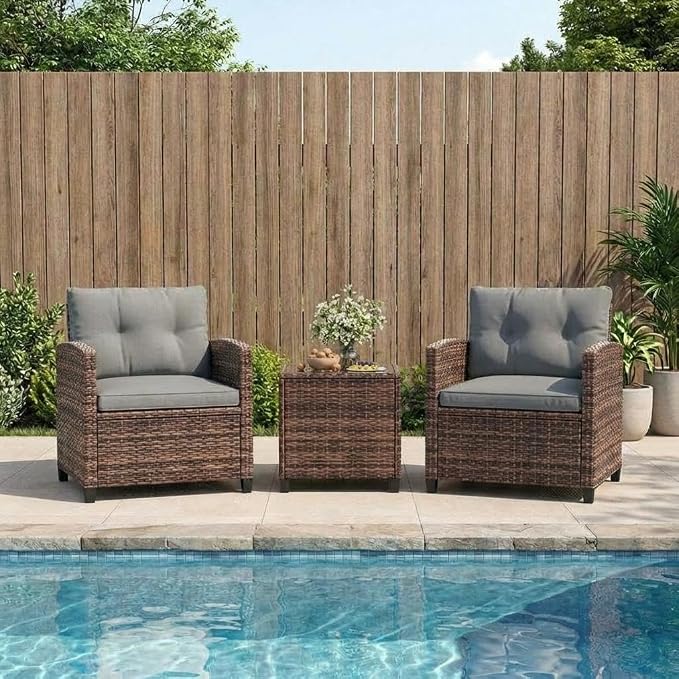 Garvee 3 Piece PE Rattan Patio Furniture Set, Outdoor Chairs and Table Set with Tempered Glass Tabletop and Cushions, Patio Conversation Set for Patio, Balcony, Poolside, Brown and Grey