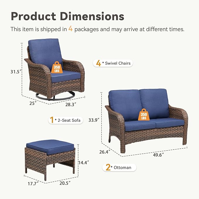 7 PCS Patio Furniture Set, Outdoor Wicker Loveseat & 4 Swivel Rocking Chairs with 2 Ottomans, 4-Inch Thick Olefin Cushions, 300 lbs Capacity Rattan Conversation Set for Porch, Blue