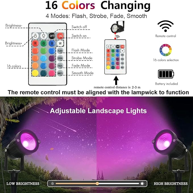 RGB Landscape Lights Low Voltage Color Changing LED Landscape Lighting IP66 Waterproof Outdoor Spotlight 5W 12V Remote Control Garden Pathway Christmas Decorative for Yard Path(16 Connector)