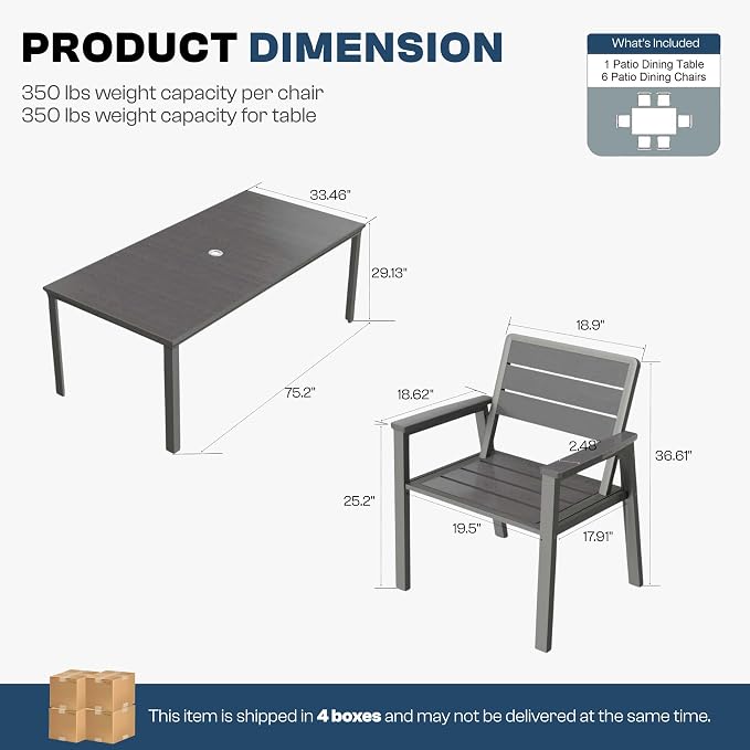 7 Piece Patio Dining Set for 6, Outdoor HDPE Table and Chairs with Umbrella Hole, All Weather Outdoor Furniture for Backyard, Deck, Lawn, Poolside, Grey