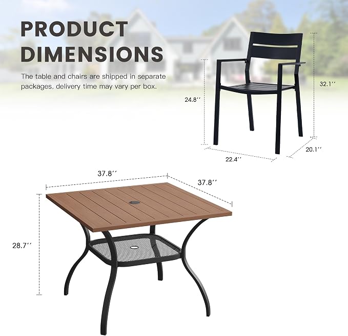 Patio Dining Set for 4, 37.8" Outdoor Dining Table and Chairs Set with Stackable Patio Chairs Outdoor Furniture for Garden Deck Backyard, Walnut Table and Black Chairs