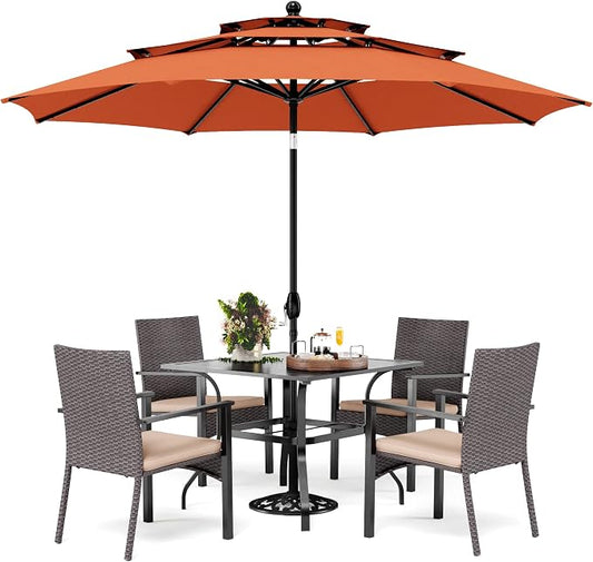 PHI VILLA 5pc Patio Dining Set with Umbrella, Square Table, Rattan Chairs | 37" Metal square dining table, cushioned wicker chairs, 10ft red umbrella. Perfect for patio, deck, yard, porch.
