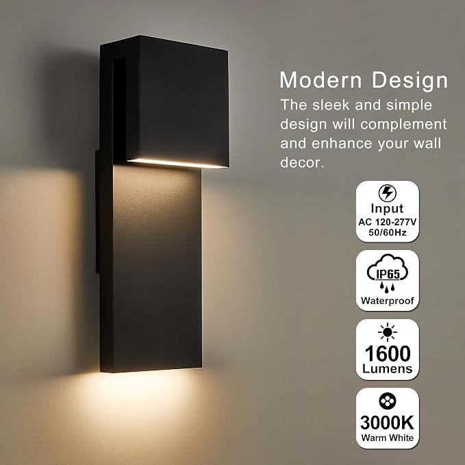 Tarentlight Modern LED Outdoor Wall Sconce 17W Integrated LED Outdoor Wall Mount,Anti Rust Textured Black Suit for Wet Locations and All Rooms,Easily Installed in Any Direction.Bulb Included.