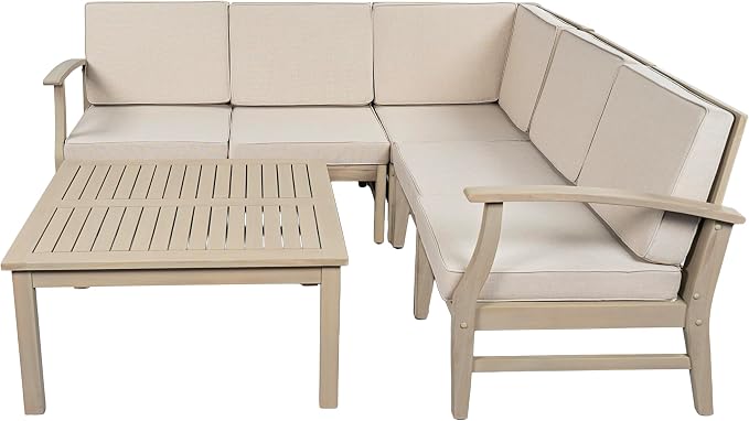 Christopher Knight Home Hugo Acacia Wood Outdoor Patio Furniture Set for 5, V-Shape Patio Sectional Sofa Set with Cushions and Slat Coffee Table, Modern Patio Conversation Set, Light White+Sand