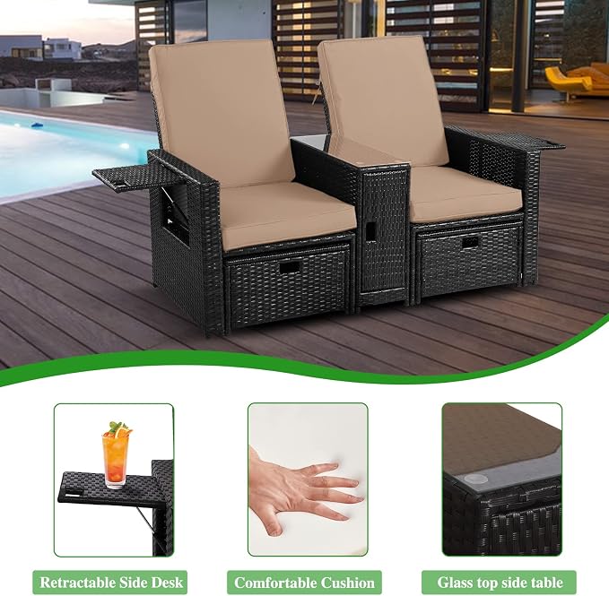 Patio Wicker Loveseat - Outdoor Rattan Sofa Set with Cushion - Adjustable Lounge Chair with Ottoman Footrest, Wicker Furniture for Garden, Patio, Balcony, Beach, Coffee Bar, Deck