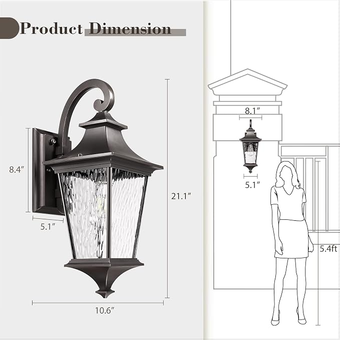 Emliviar Dusk to Dawn Outdoor Porch Light, 21.1" Exterior Wall Mount Lamp for Doorway, Patio Wall Lantern with Water Ripple Glass, Oil Rubbed Bronze Finish, XE292B-M-PC ORB SW