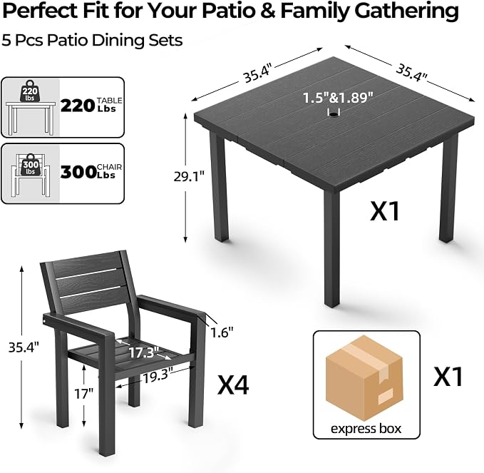 5-Piece Patio Dining Set for 4, All-Weather HDPE Outdoor Table and Chairs with Umbrella Hole, Rust-Resistant Metal Frame Dining Set for Garden, Backyard, Poolside, Deck (1 Table & 4 Chairs)