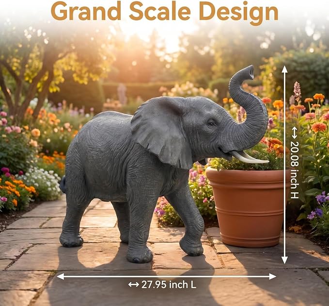Large Resin Elephant Statue, 28 Inch Trunk Up | Garden Decor, Outdoor Lawn Patio Porch Yard, Lucky Feng Shui, Wildlife Animal Figurine