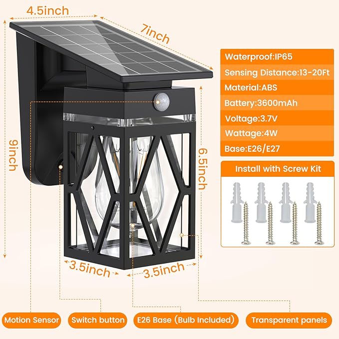 4 Pack Solar Porch Lights Outdoor with Dusk-to-Dawn Motion Sensor | 200LM 3000K Warm White, E26 ST58 Bulb, Classic Lantern Design, 3 Lighting Modes, IP65 Waterproof for Porch, Garage & Patio