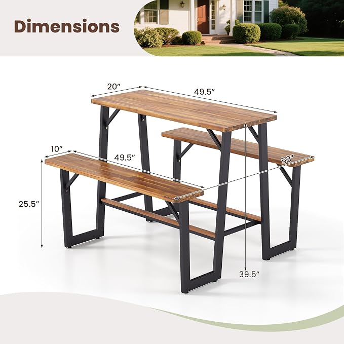 Giantex 4.5FT Picnic Table Bench Set for 4, Acacia Wood Outdoor Dining Table Set, 2" Umbrella Hole, Heavy Duty Metal Frame, Footrest Bar, Large Rectangular Tabletop for Porch Patio Lawn Garden