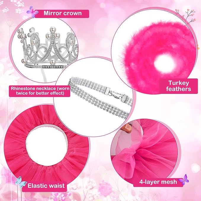 4 Pcs Princess Porch Goose Outfit for 23" 17" Cement Lawn Goose Costume Crown Necklace Tutu Skirt Feather Trim(Rose Red)