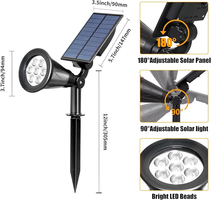 T-SUN Solar Spot Lights Outdoor Waterproof, Warm White, 4 Pack | 7 LEDs, 2 Lighting Modes, IP65 Waterproof Dusk to Dawn Solar Lights for Tree, Patio, Yard, Garden, Driveway, Pool Area