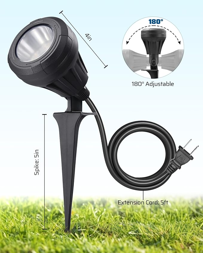 DEWENWILS 120V LED Outdoor Spotlight, 3 Extra Lenses 5.5W Landscape Light | Red Green Yellow Lenses, 5000K Plug in Spotligh, Waterproof Landscape Light for Yard, Tree Flag, Holiday 5FT Extension Cord