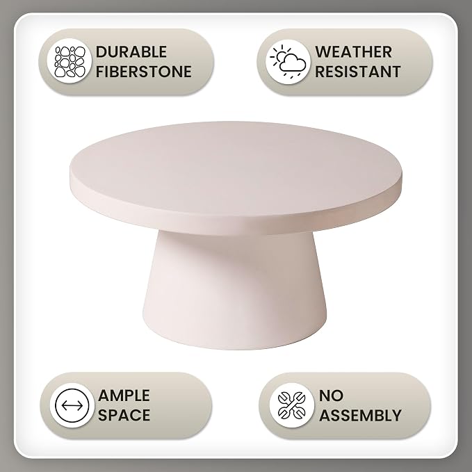 LeisureMod Minimalist Grey Side Table with Pedestal Base – Round Fiberstone Accent Table for Living Room, Outdoor, or Patio Use, Dune Series