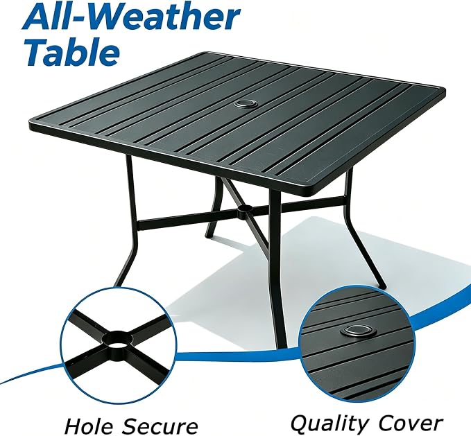 4-Person Small Metal Square Table for Outdoor Patio, Sturdy Backyard Dining Table with Slatted Top & Umbrella Hole, Modern Weatherproof Table for Lawn, Poolside & Balcony