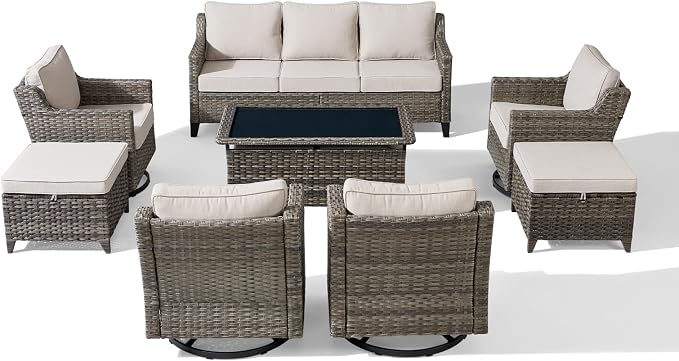 Luxury Patio Furniture sofa Set - 8 Pieces All Weather Wicker Outdoor Couch and High Back Swivel Rocker Patio Chairs with Glass coffee table for Deck Yard and Poolside Gray Wicker | Beige Cushions