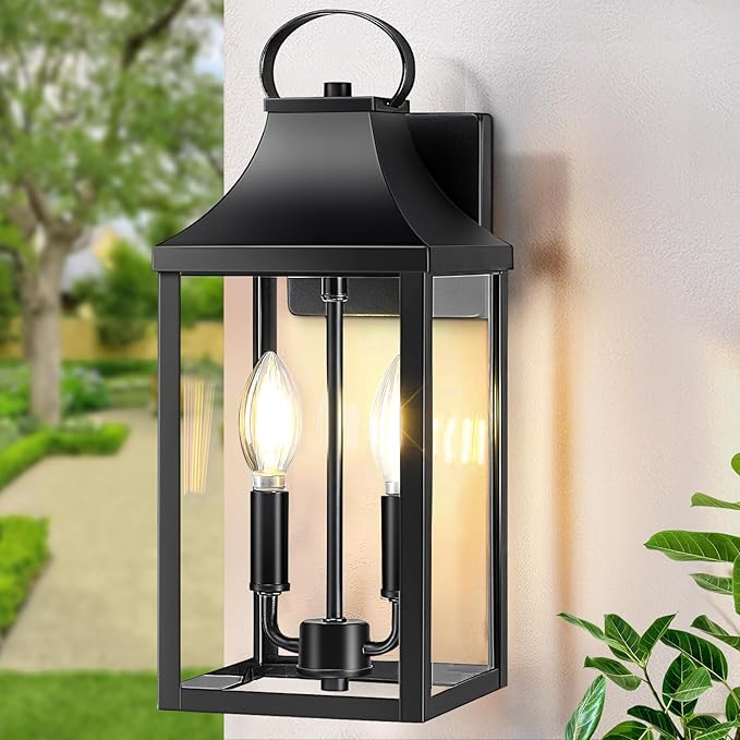 15" Black Outdoor Wall Lantern 2-Light, Outside Wall Sconce Light | Industrial Porch Light Wall Mount with E12 Sockets, Waterproof Modern Exterior Lamp Lighting, Black (No Sensor)