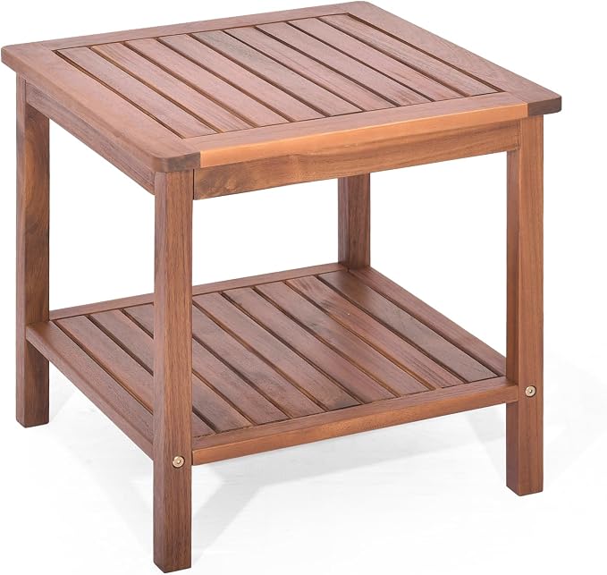 RELAX4LIFE Adirondack Outdoor Side Table - 2-Tier Acacia Wood Square End Tables w/Slatted Tabletop & Shelf for Garden Porch Pool, Indoor Outdoor Companion, Wooden Small Patio Table (1, Natural)