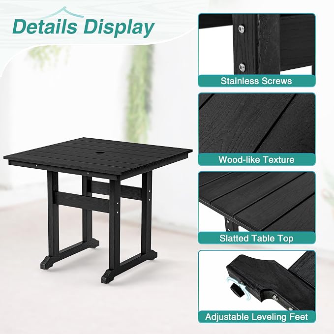 Square Outdoor Dining Tables for 4, HDPE Weather Resistant Patio Dining Table, 35" Outdoor Tables with 1.96" Umbrella Hole for Patio, Balcony, Backyard, Black