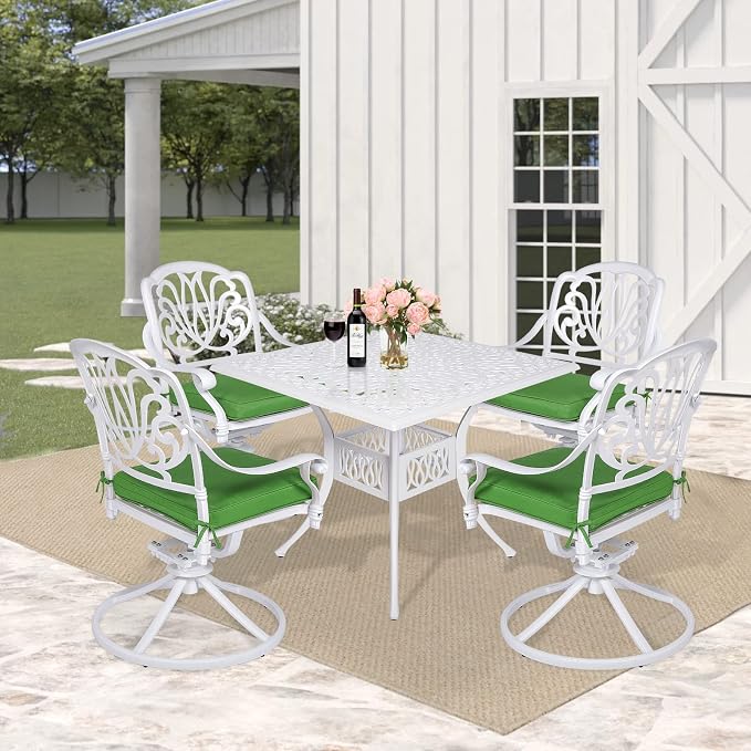 5 Piece Patio Dining Set, Outdoor Table and Chairs Set for 4 Cushioned Swivel Rocking Chairs and 35.4'' Square Table, All-Weather Cast Aluminum Patio Funiture Set, 2.2'' Umbrella Hole, White