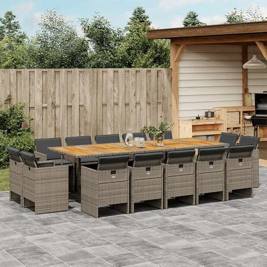 15-Piece Patio Dining Set with Cushions Gray Poly Rattan Outdoor Furniture Set for Backyard Garden Balcony Porch with Foldable Chairs and Acacia Wood Table