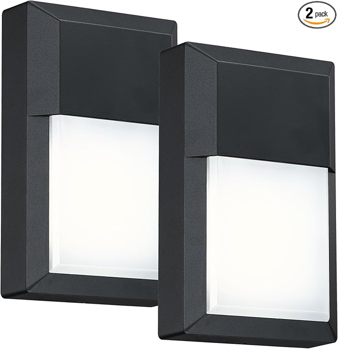 Outdoor Porch Light, LED Wall Sconce, Rustproof Aluminum | Modern Exterior Wall Light Fixture for House, Patio, Garage, 12W 1000 Lumen, Waterproof, 5000K, Black, 2 Pack
