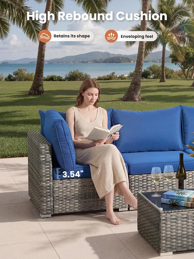 ovios Outdoor 5 Piece Coversation Set with Coffee Table,Sectional Patio Furniture Set with All-Weather Wicker Sofa,Modern Outside Couch for Balcony Backyard Pool, Navy Blue
