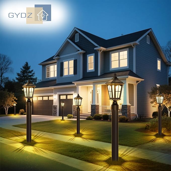 2 Pack Outdoor Solar Lamp Post Light with Pier Mount Base, Dusk to Dawn Aluminium Classic Exterior Pole Lamps with Water Ripple Glass, Solar Pillar Lights for Fence, Gate, Driveway, Black